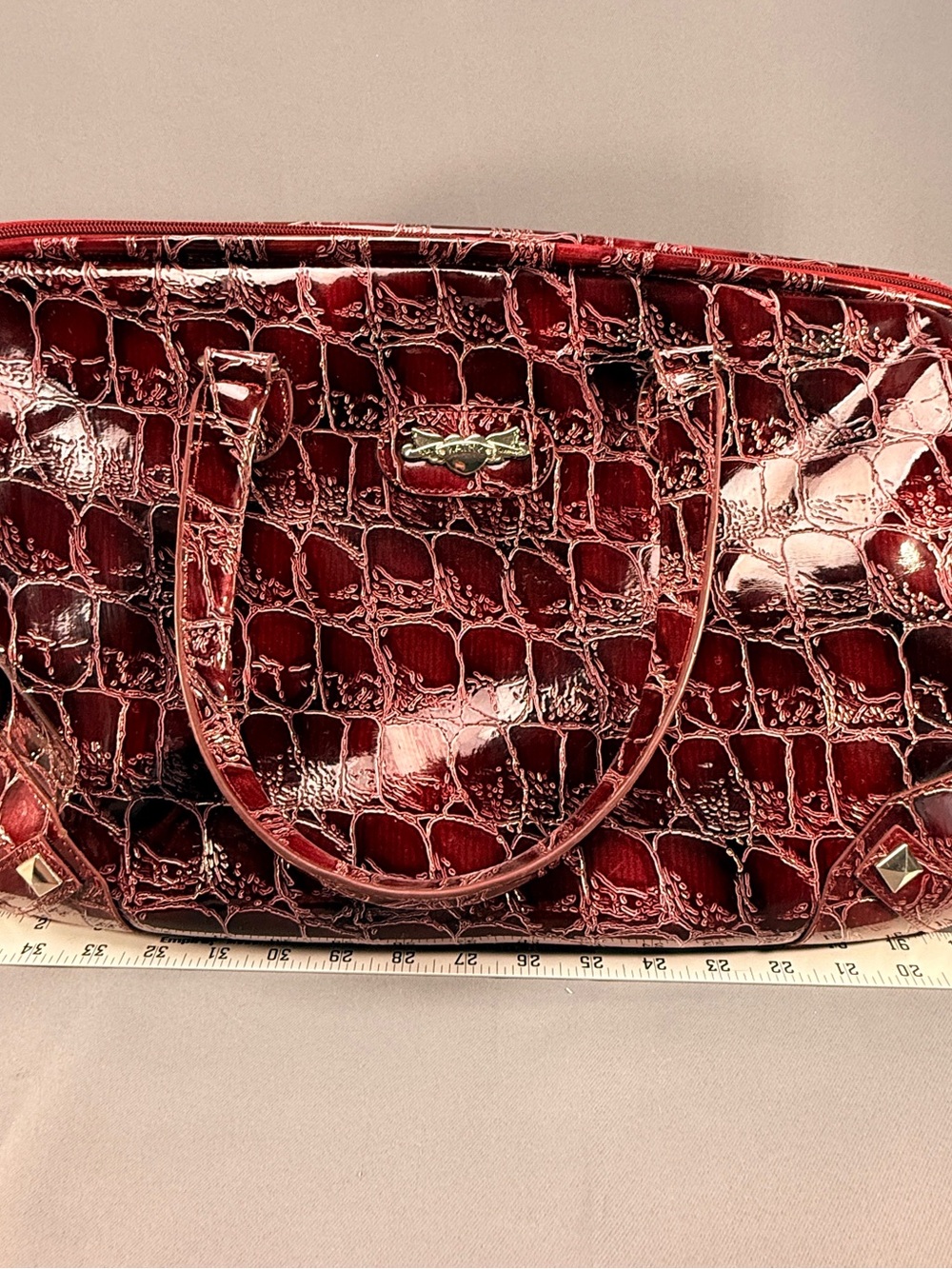 VTG Y2K Kathy Van Zeeland Weekender Duffel Bag Burgundy Faux Crocodile McBling